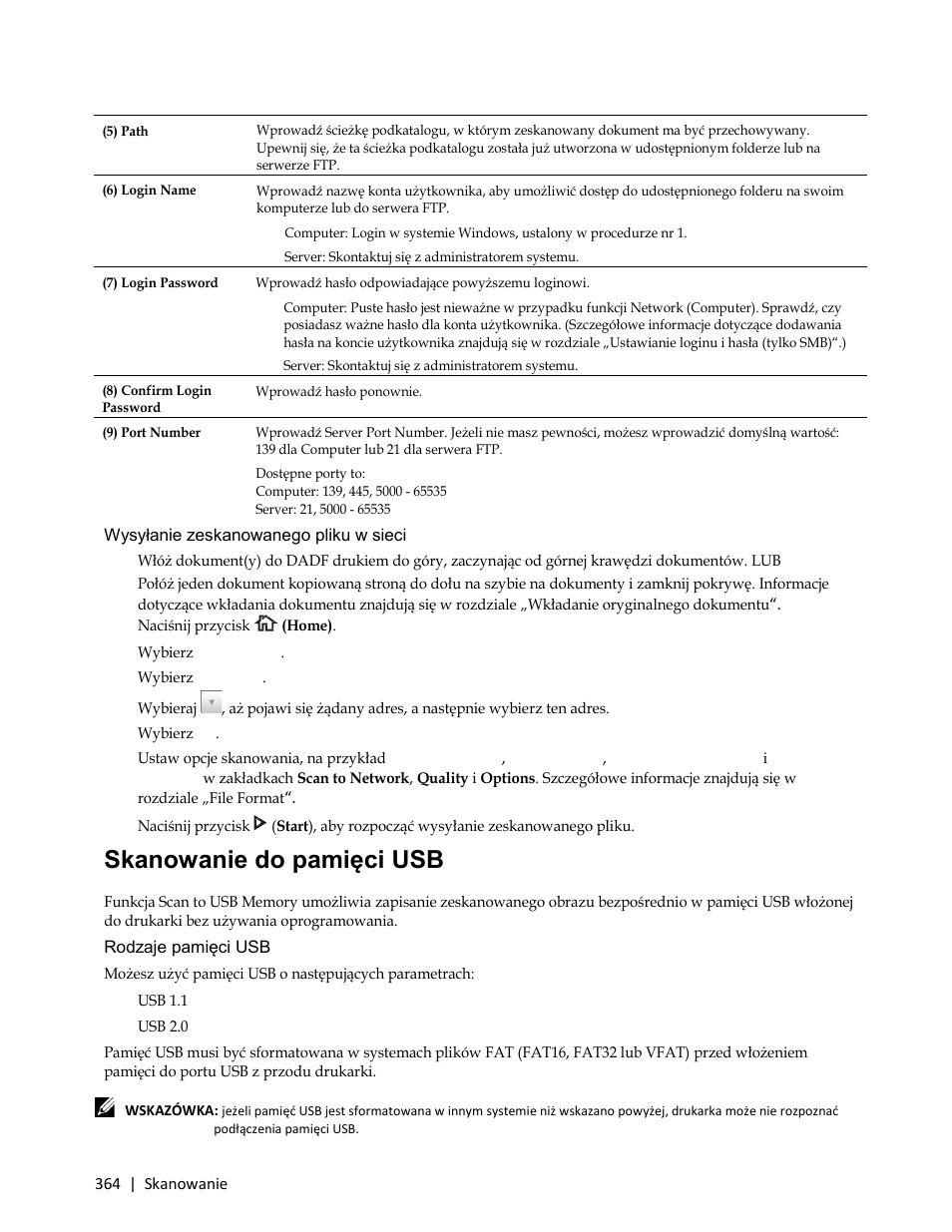 Wysyłanie zeskanowanego pliku w sieci, 3 wybierz scan menu, Skanowanie do pamięci usb | Rodzaje pamięci usb, Z „skanowanie do pamięci usb | Dell C3765dnf Color Laser Printer User Manual | Page 366 / 580