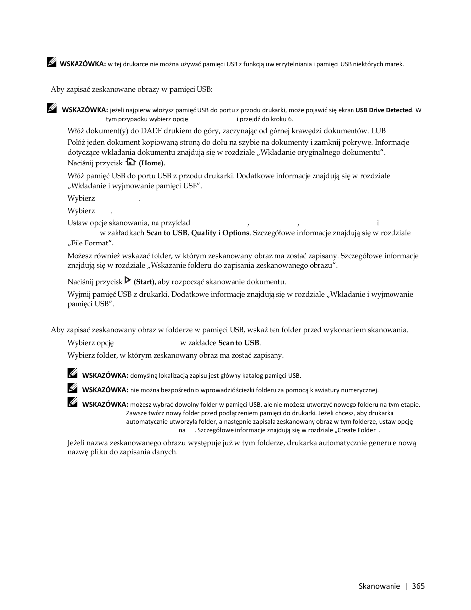 Procedury, Aby zapisać zeskanowane obrazy w pamięci usb | Dell C3765dnf Color Laser Printer User Manual | Page 367 / 580