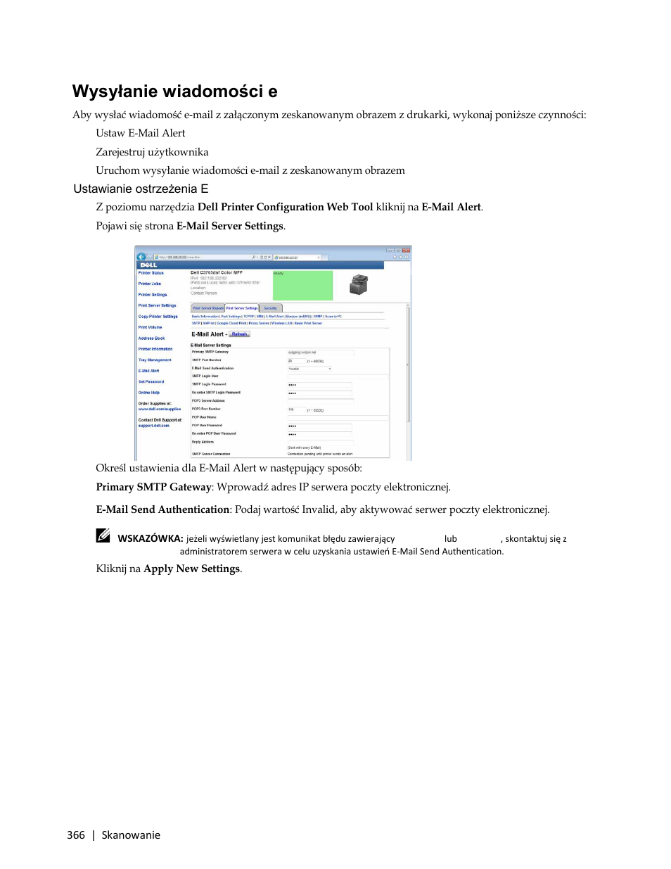 Wysyłanie wiadomości e-mail z zeskanowanym obrazem, Ustawianie ostrzeżenia e-mail alert | Dell C3765dnf Color Laser Printer User Manual | Page 368 / 580