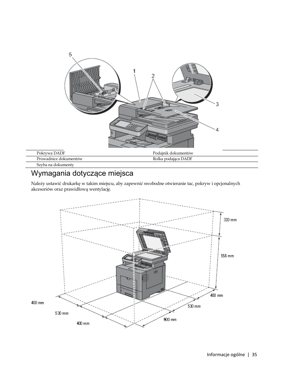 Dwustronny automatyczny podajnik dokumentów (dadf), Wymagania dotyczące miejsca | Dell C3765dnf Color Laser Printer User Manual | Page 37 / 580