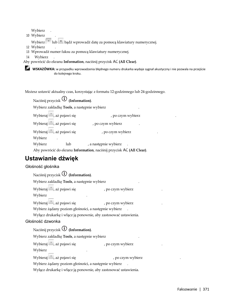 Zmiana trybu zegara, Ustawianie dźwięków, Głośność głośnika | Głośność dzwonka | Dell C3765dnf Color Laser Printer User Manual | Page 373 / 580