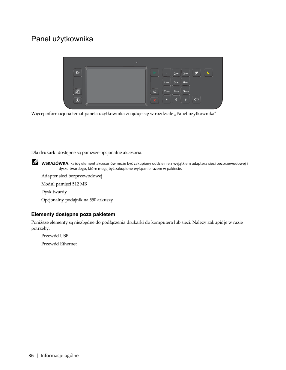 Panel użytkownika, Dodatkowe komponenty, Opcjonalne akcesoria | Adapter sieci bezprzewodowej, Elementy dostępne poza pakietem | Dell C3765dnf Color Laser Printer User Manual | Page 38 / 580