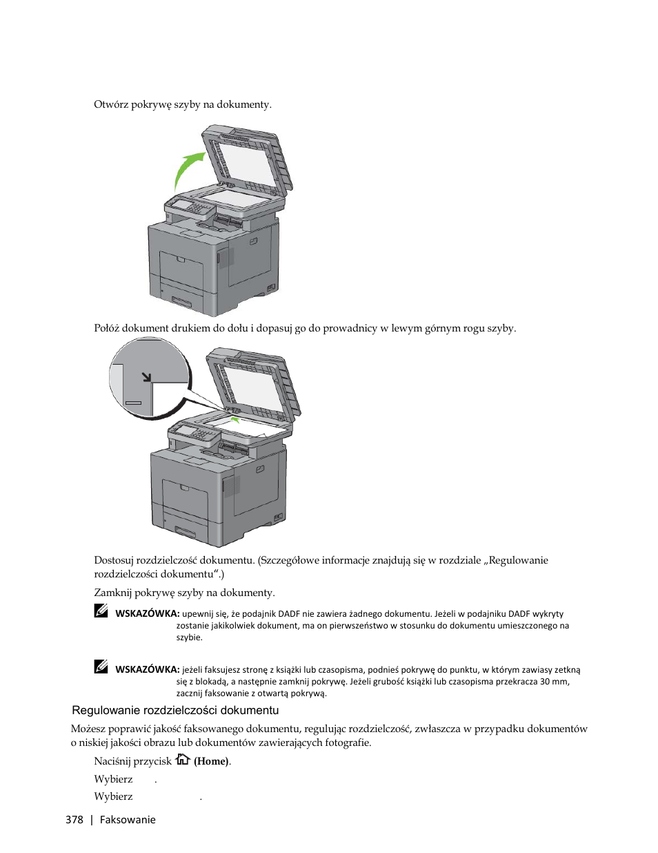 Regulowanie rozdzielczości dokumentu, 2 wybierz fax, Regulowanie | Rozdzielczości dokumentu | Dell C3765dnf Color Laser Printer User Manual | Page 380 / 580