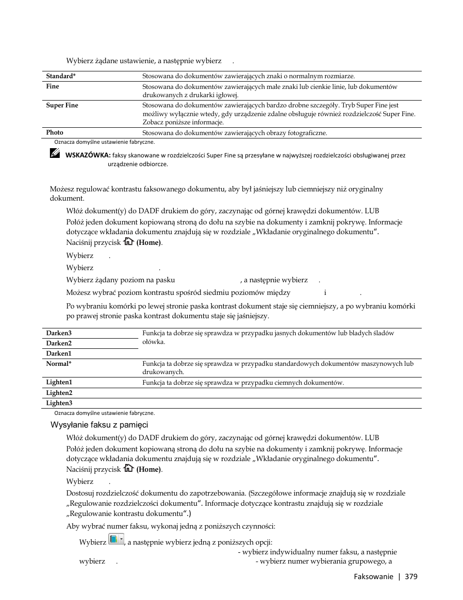 Regulowanie kontrastu dokumentu, 3 wybierz fax, Wysyłanie faksu z pamięci | Dell C3765dnf Color Laser Printer User Manual | Page 381 / 580