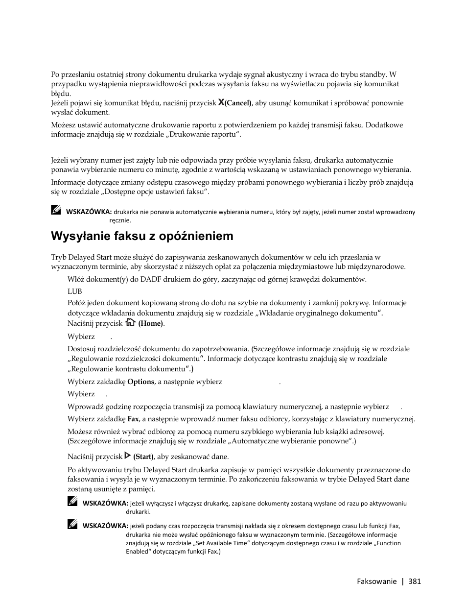 Potwierdzanie transmisji, Automatyczne wybieranie ponowne, Wysyłanie faksu z opóźnieniem | 3 wybierz fax | Dell C3765dnf Color Laser Printer User Manual | Page 383 / 580