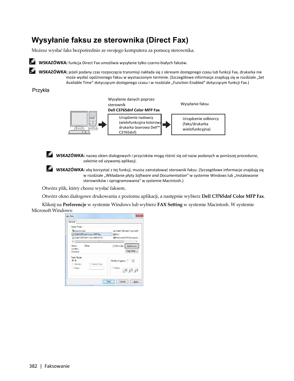 Wysyłanie faksu ze sterownika (direct fax), Przykład | Dell C3765dnf Color Laser Printer User Manual | Page 384 / 580