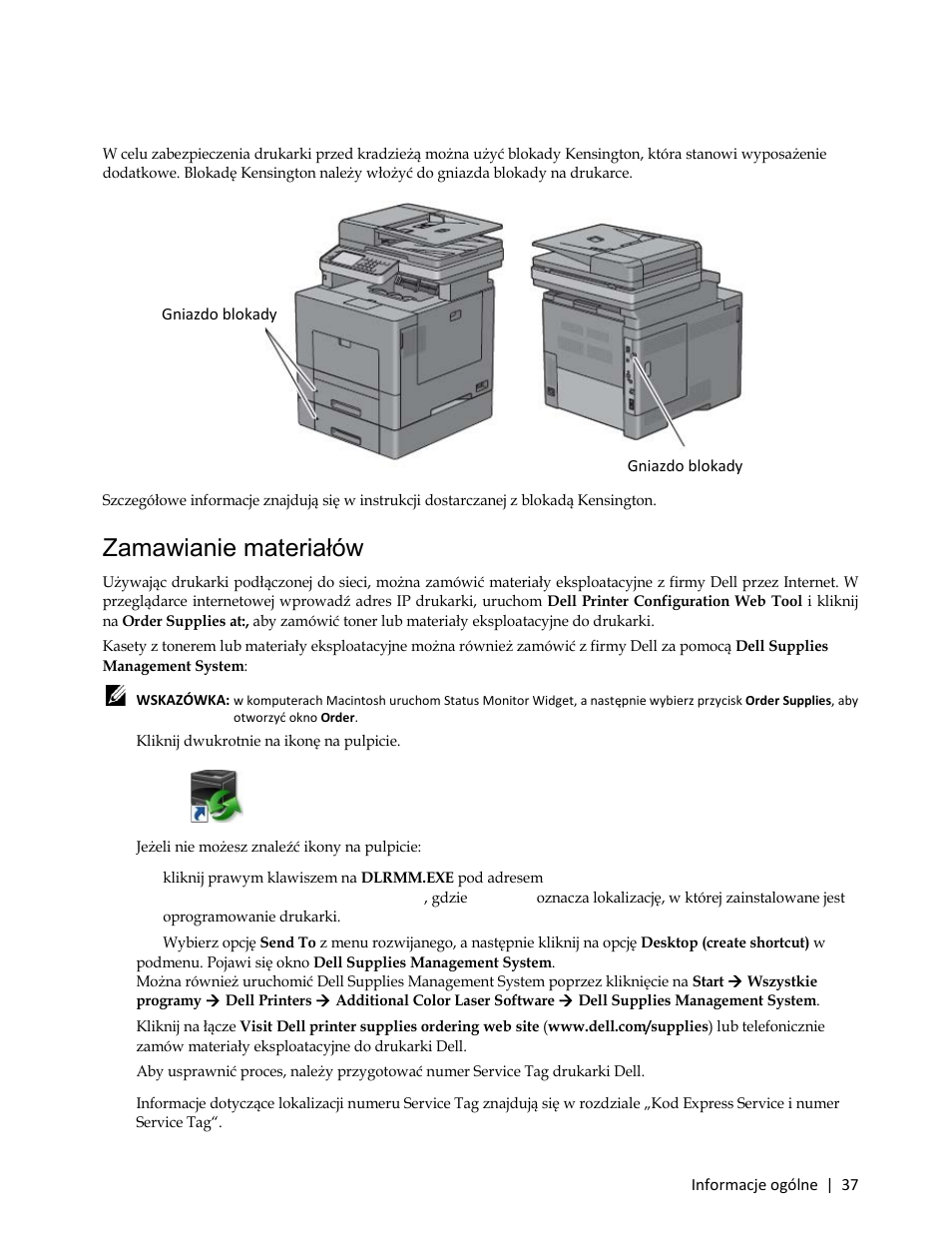 Zabezpieczenie drukarki, Zamawianie materiałów eksploatacyjnych, 1 kliknij dwukrotnie na ikonę na pulpicie | Dell C3765dnf Color Laser Printer User Manual | Page 39 / 580