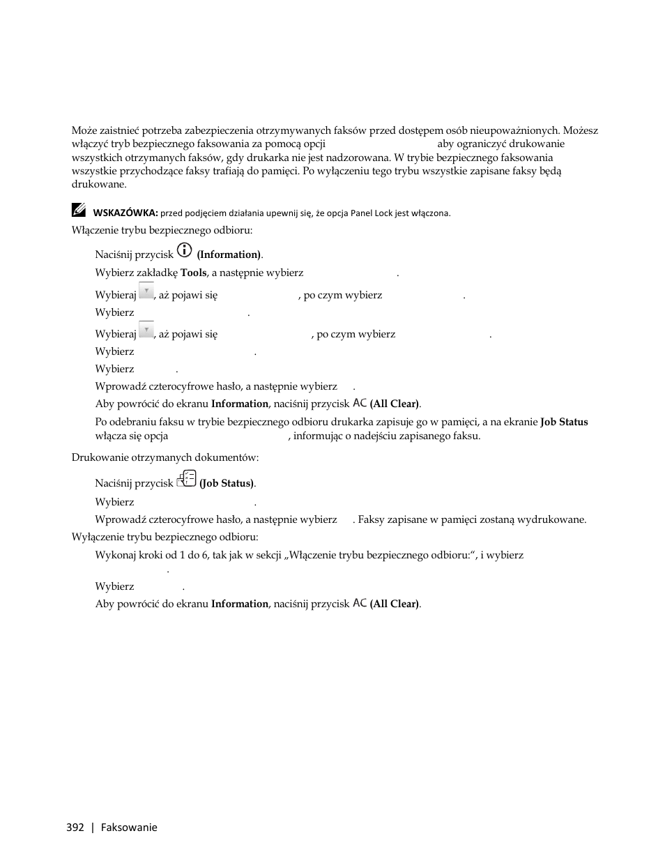 Inne metody skanowania, Korzystanie z trybu bezpiecznego odbioru, Włączenie trybu bezpiecznego odbioru | 2 wybierz secure fax receive | Dell C3765dnf Color Laser Printer User Manual | Page 394 / 580