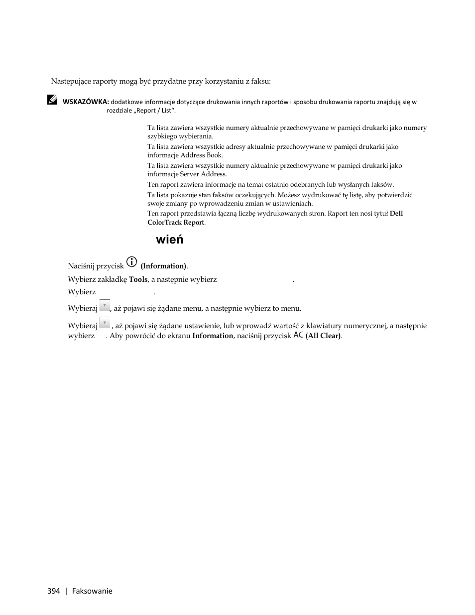 Drukowanie raportu, Zmiana opcji ustawień, Le „drukowanie raportu | Zmiana opcji usta wień | Dell C3765dnf Color Laser Printer User Manual | Page 396 / 580