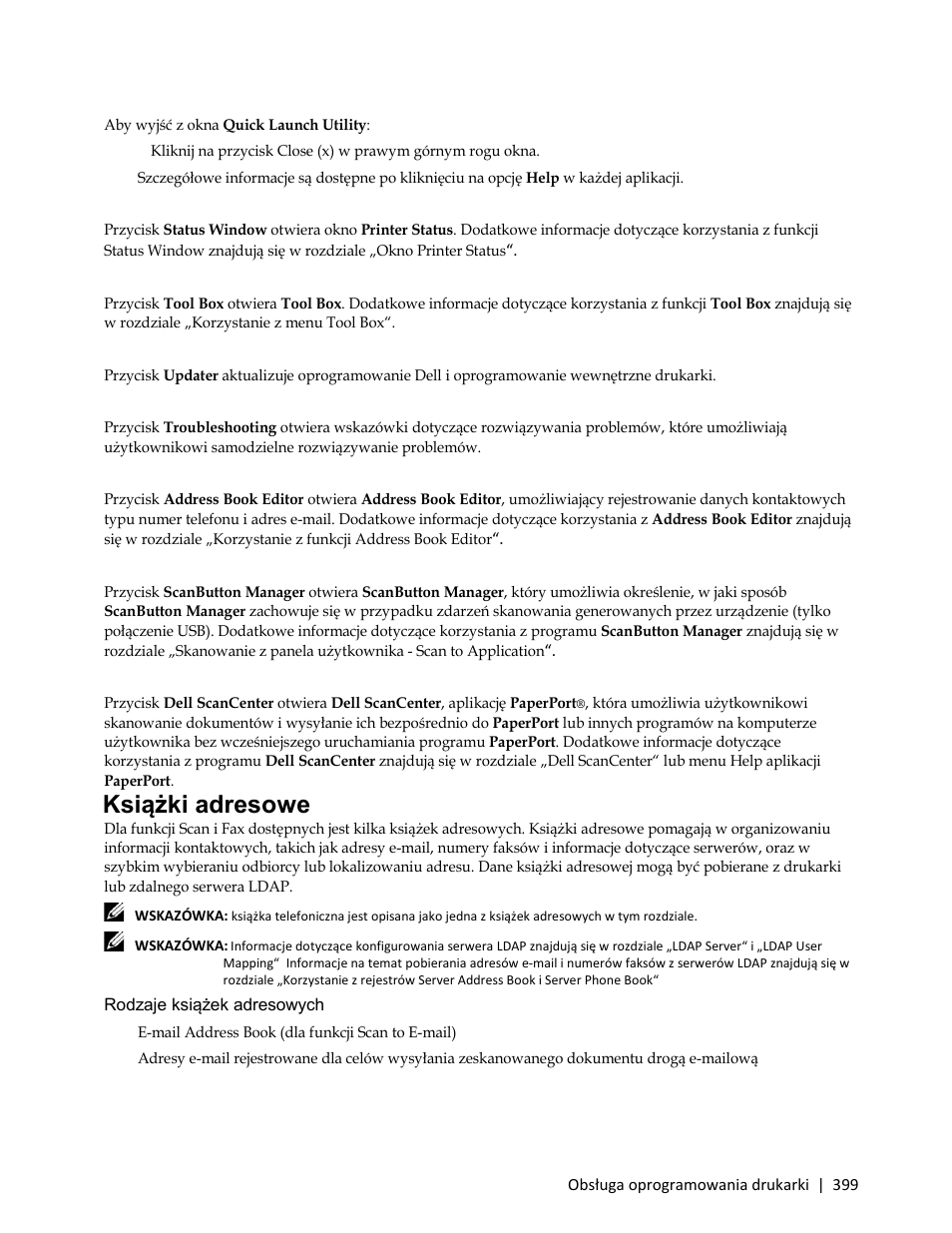 Status window, Tool box, Updater | Troubleshooting, Address book editor, Scanbutton manager, Dell scancenter, Książki adresowe, Rodzaje książek adresowych, E-mail address book (dla funkcji scan to e-mail) | Dell C3765dnf Color Laser Printer User Manual | Page 401 / 580