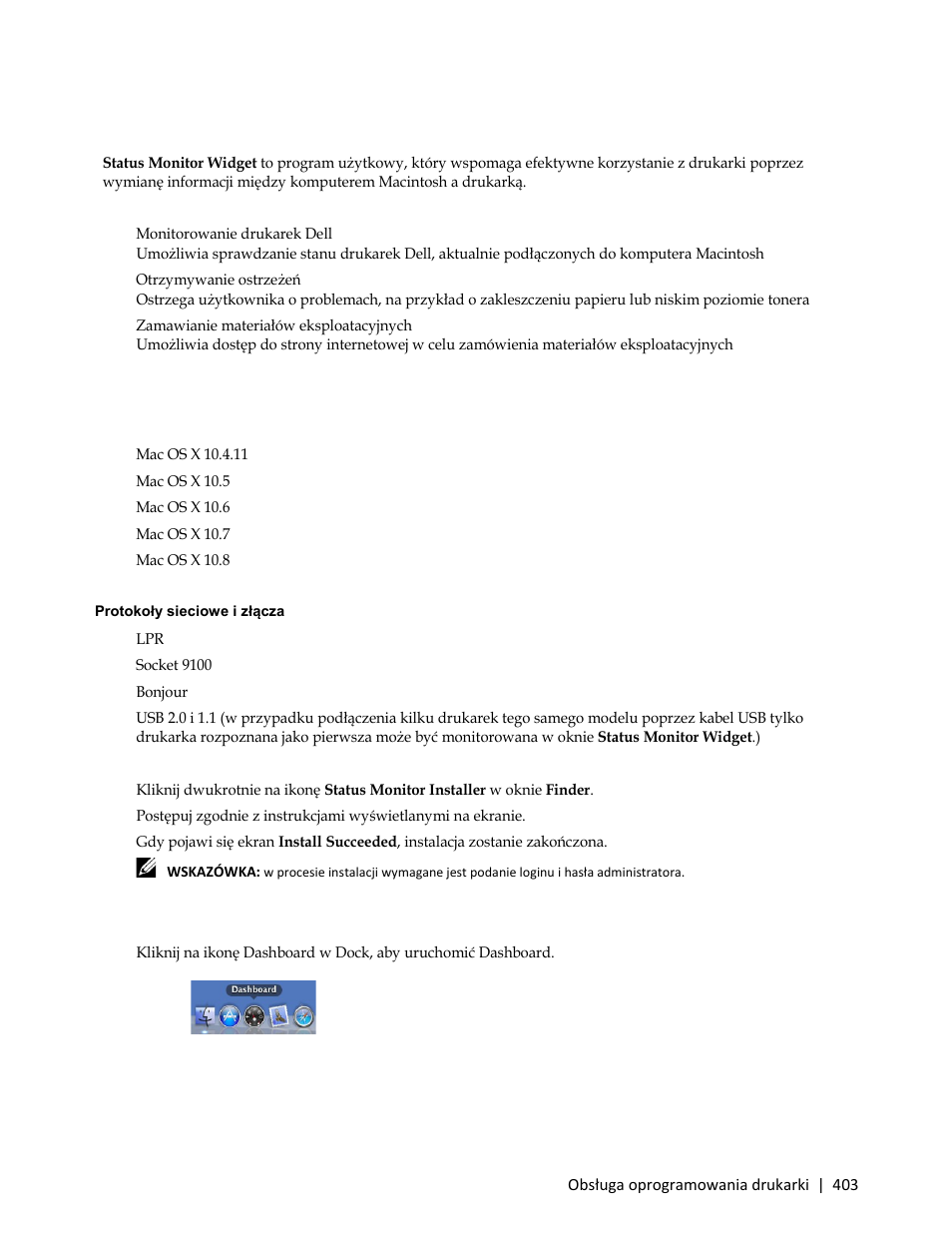 Status monitor widget – macintosh, Funkcja status monitor widget, Instalowanie funkcji status monitor widget | Dell C3765dnf Color Laser Printer User Manual | Page 405 / 580