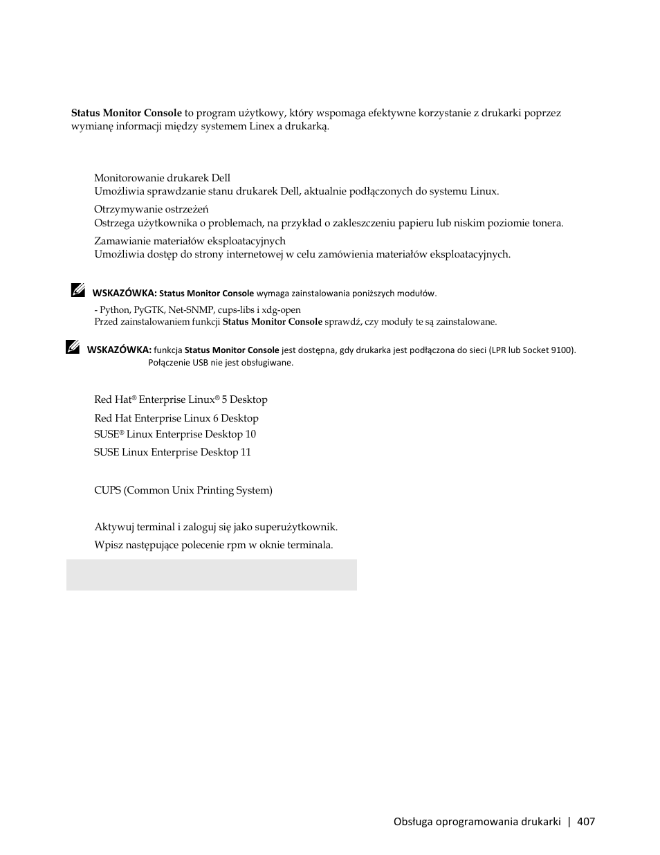 Status monitor console – linux, Funkcja status monitor console, Instalowanie funkcji status monitor console | Dell C3765dnf Color Laser Printer User Manual | Page 409 / 580