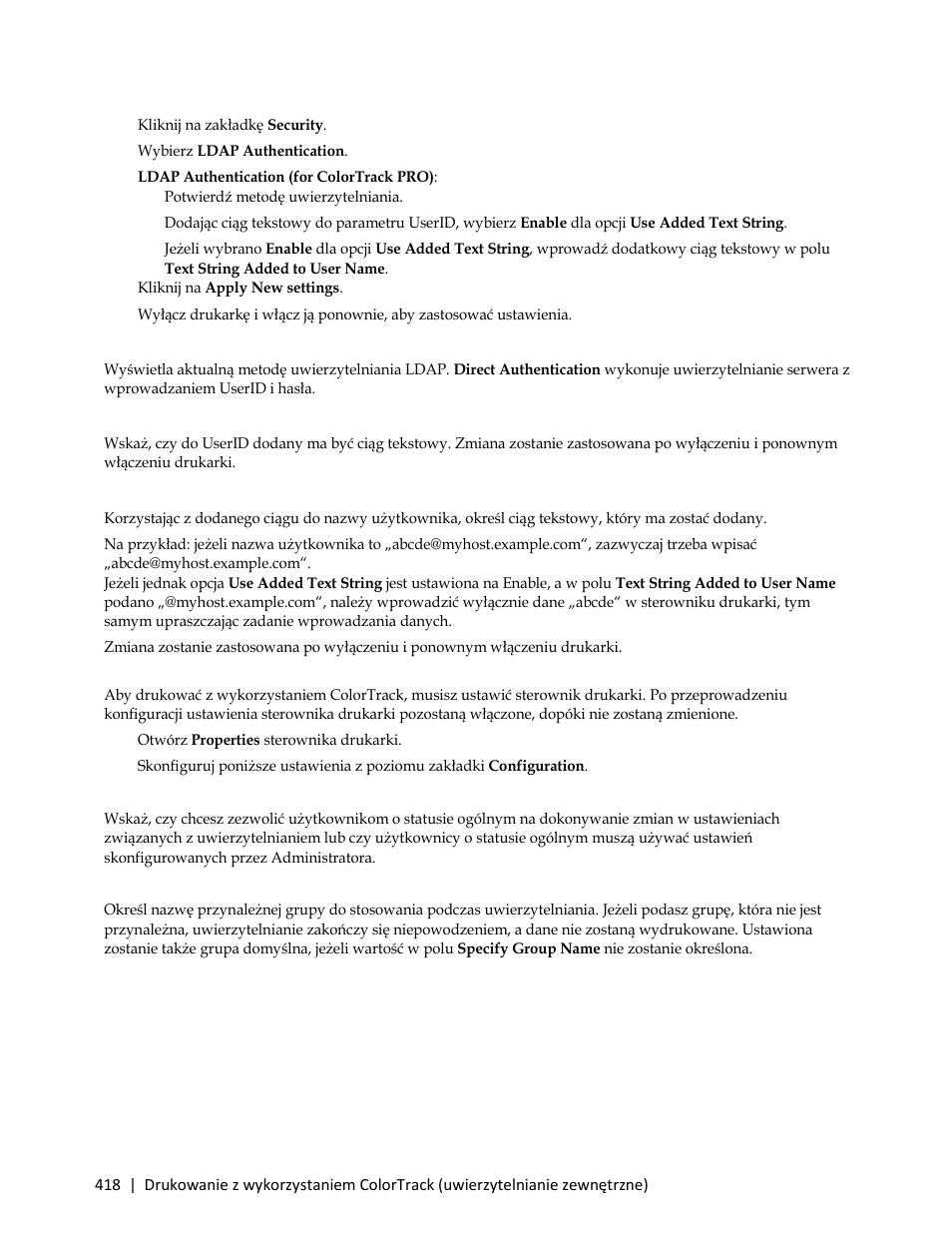 Ldap authentication (for colortrack pro), Potwierdź metodę uwierzytelniania, Konfigurowanie sterownika drukarki | Dell colortrack mode, Specify group name | Dell C3765dnf Color Laser Printer User Manual | Page 420 / 580