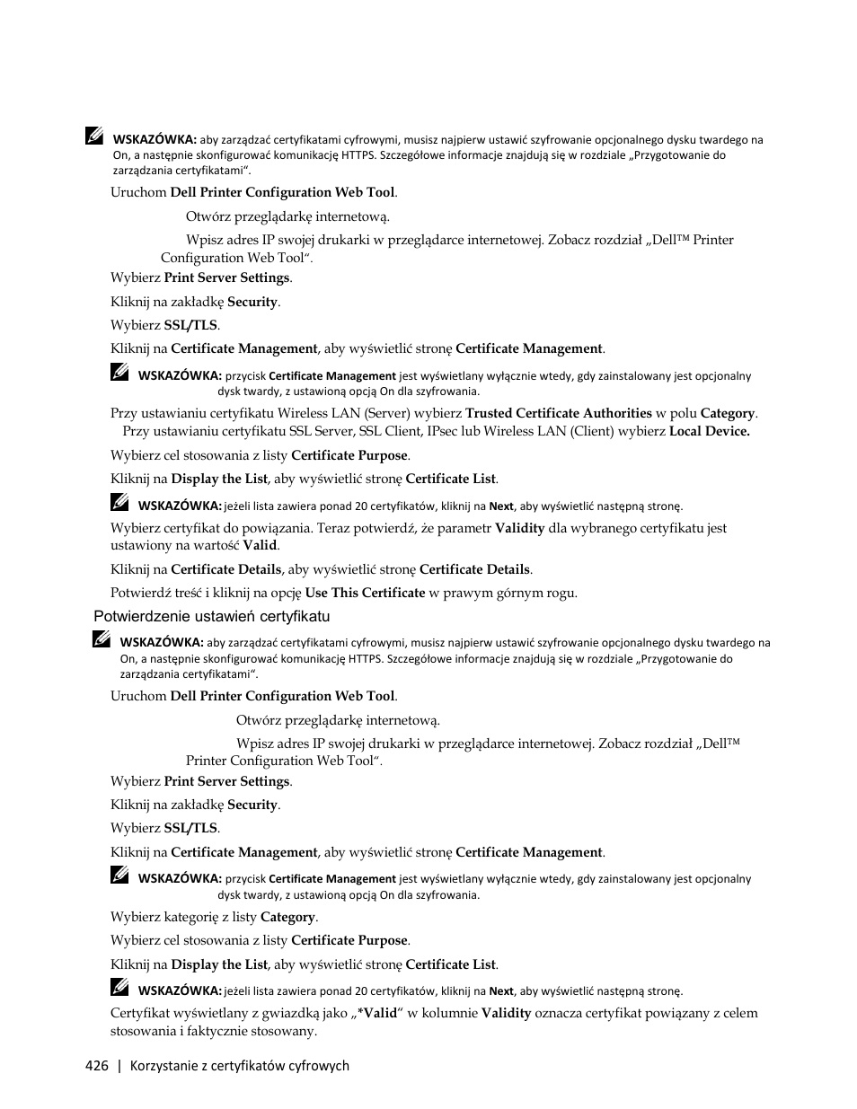 Konfigurowanie certyfikatu cyfrowego, 1 uruchom dell printer configuration web tool, A otwórz przeglądarkę internetową | Potwierdzenie ustawień certyfikatu cyfrowego | Dell C3765dnf Color Laser Printer User Manual | Page 428 / 580
