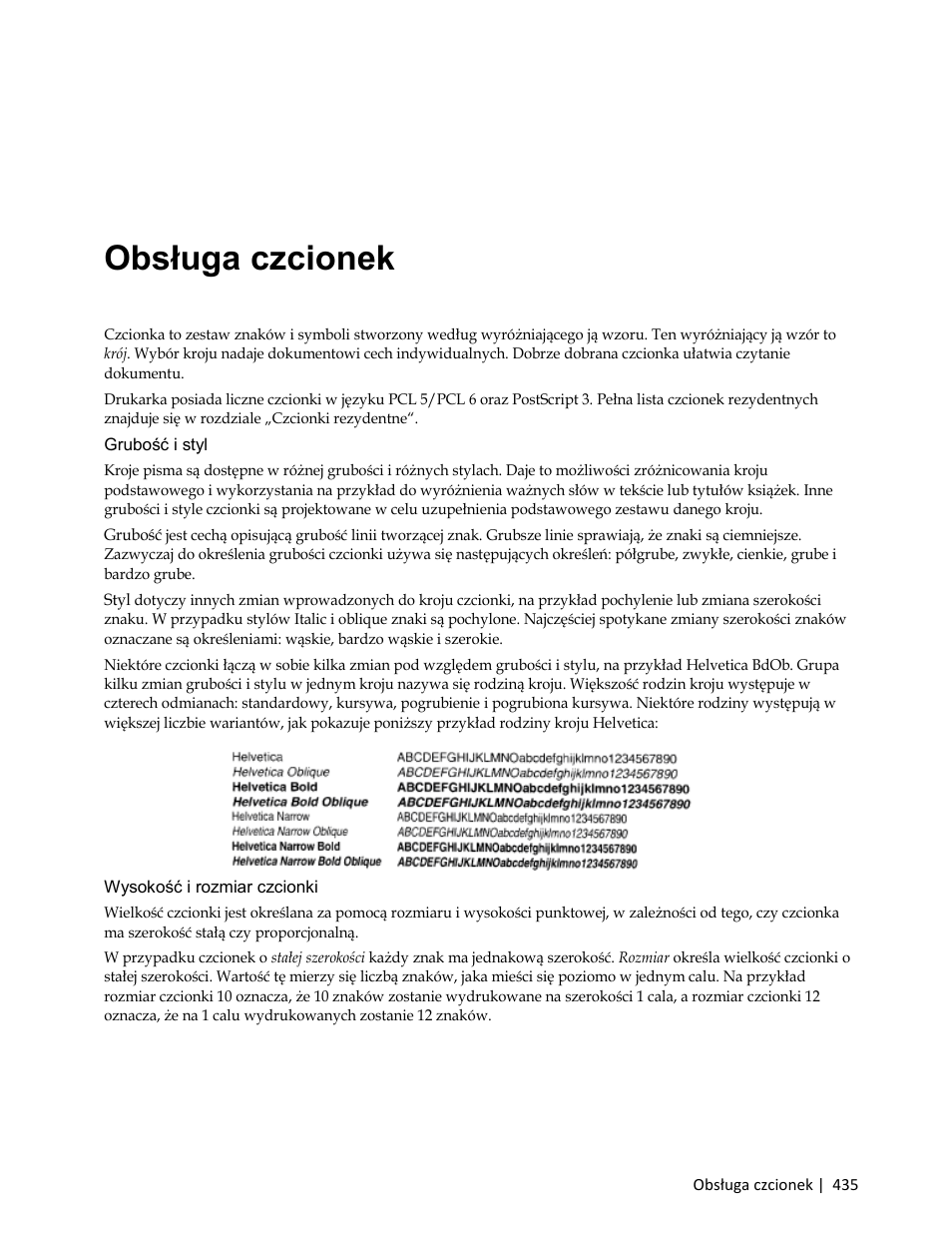 Obsługa czcionek, Kroje i czcionki, Grubość i styl | Wysokość i rozmiar czcionki | Dell C3765dnf Color Laser Printer User Manual | Page 437 / 580