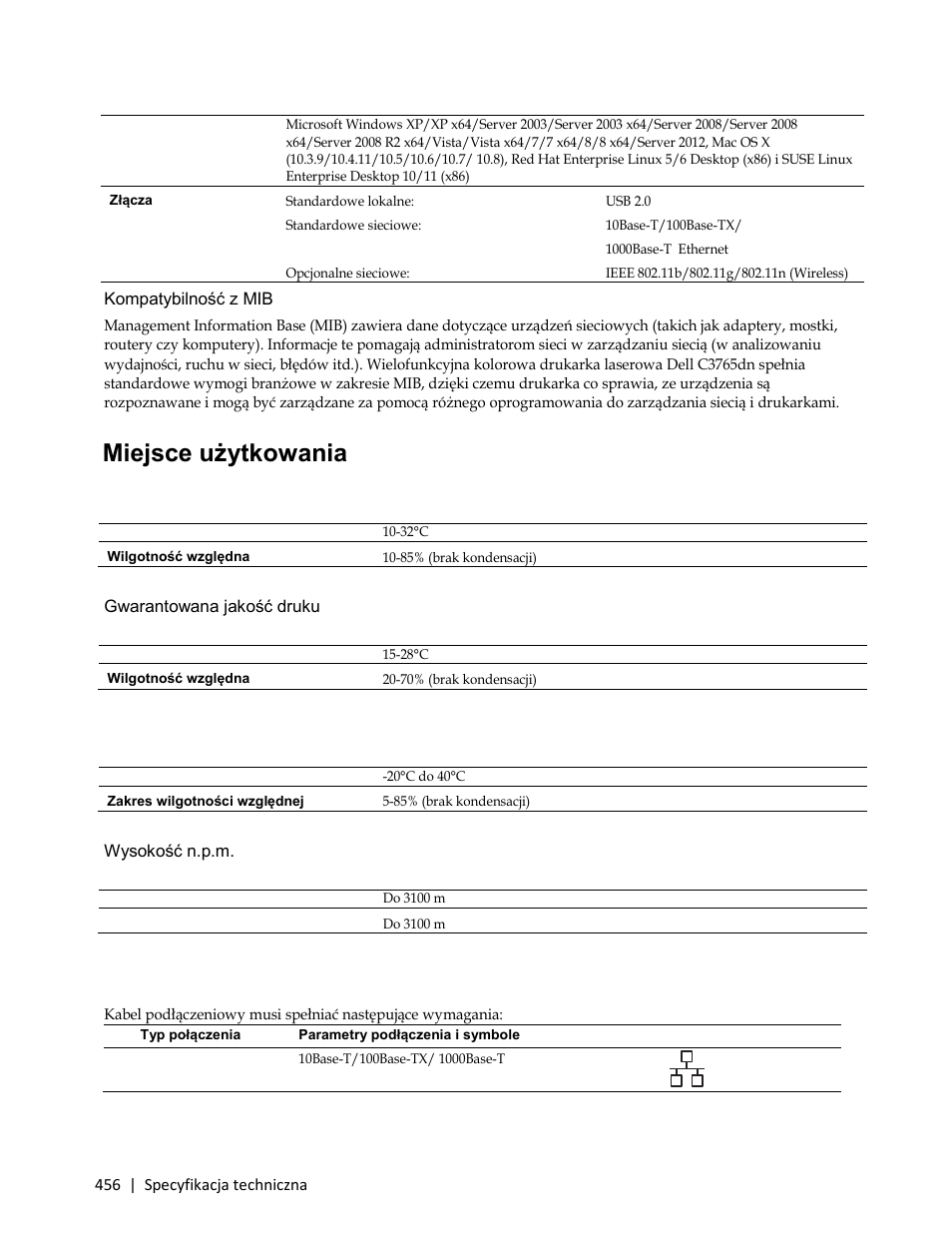 Kompatybilność z mib, Miejsce użytkowania, Praca | Gwarantowana jakość druku, Przechowywanie, Wysokość n.p.m, Kable, Miejsc, E użytkowania | Dell C3765dnf Color Laser Printer User Manual | Page 458 / 580