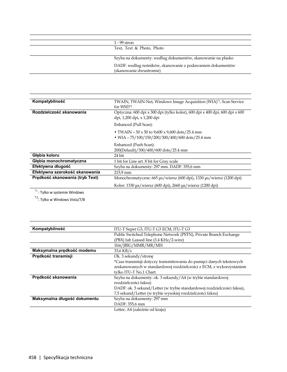 Parametry skanera, Parametry faksu | Dell C3765dnf Color Laser Printer User Manual | Page 460 / 580