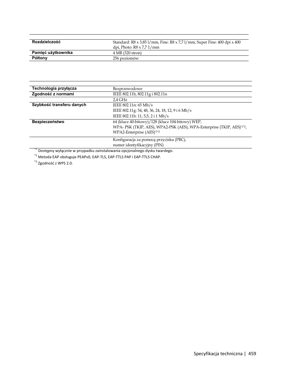 Opcjonalny adapter sieci bezprzewodowej, Specyfikacja techniczna | 459 | Dell C3765dnf Color Laser Printer User Manual | Page 461 / 580