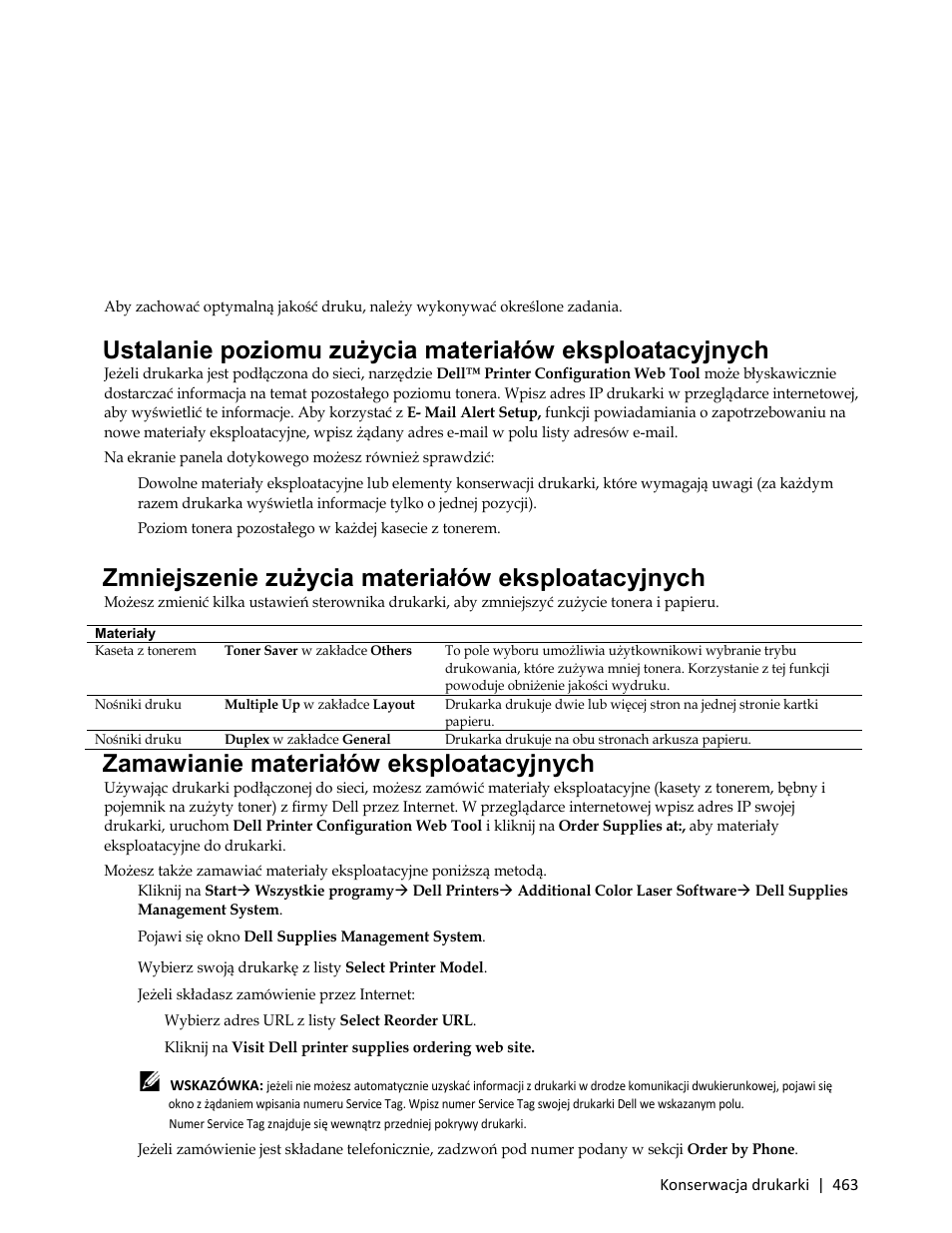 Konserwacja drukarki, Zmniejszenie zużycia materiałów eksploatacyjnych, Zamawianie materiałów eksploatacyjnych | 3 jeżeli składasz zamówienie przez internet | Dell C3765dnf Color Laser Printer User Manual | Page 465 / 580
