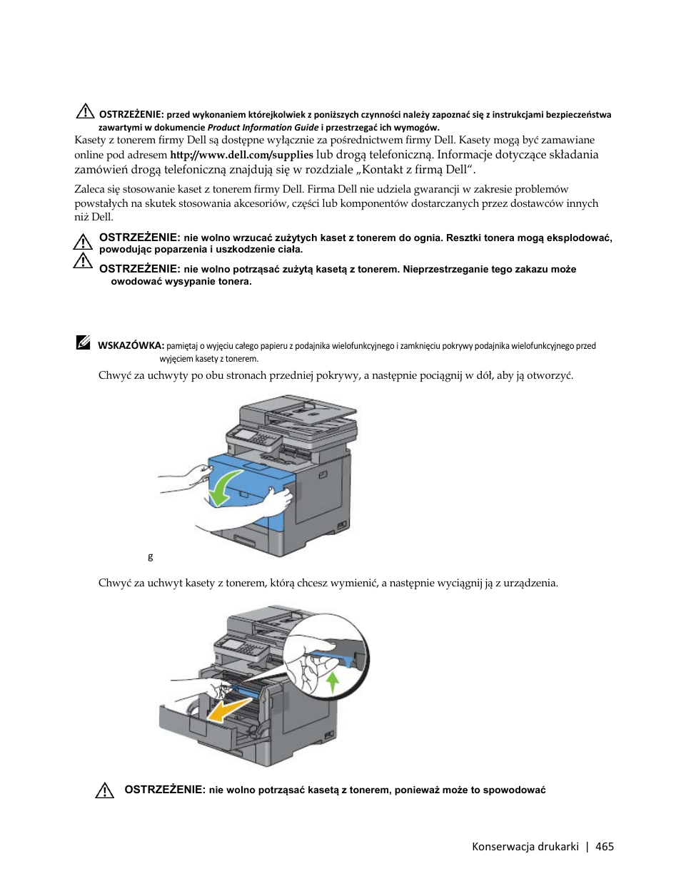 Wymiana kaset z tonerem, Wyjmowanie kasety z tonerem | Dell C3765dnf Color Laser Printer User Manual | Page 467 / 580