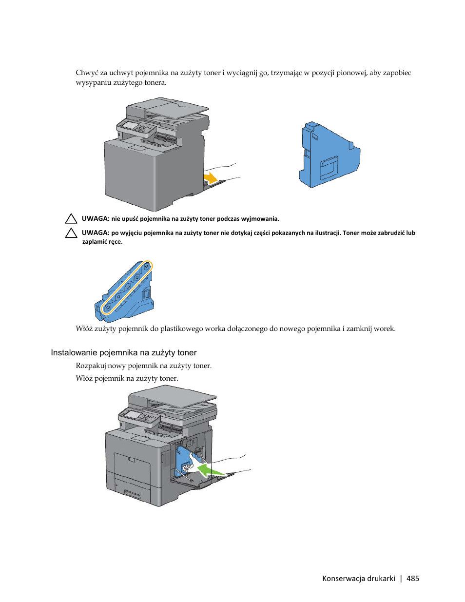 Instalowanie pojemnika na zużyty toner | Dell C3765dnf Color Laser Printer User Manual | Page 487 / 580