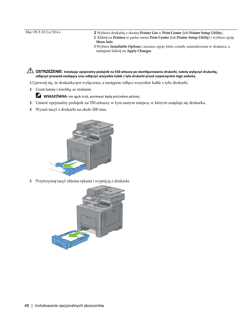 Instalowanie opcjonalnego podajnika na 550 arkuszy | Dell C3765dnf Color Laser Printer User Manual | Page 50 / 580
