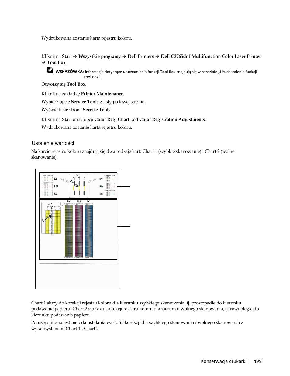 Wydrukowana zostanie karta rejestru koloru, Ustalenie wartości | Dell C3765dnf Color Laser Printer User Manual | Page 501 / 580