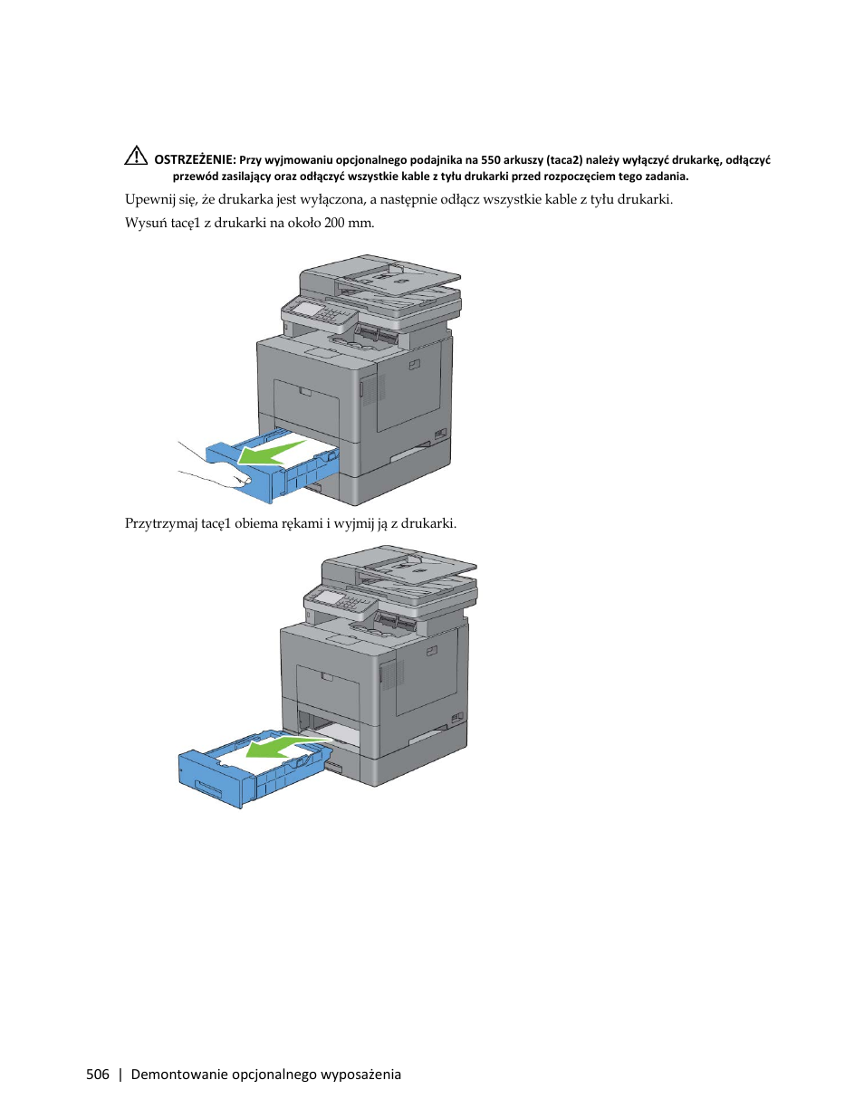 Demontowanie opcjonalnego podajnika na 550 arkuszy | Dell C3765dnf Color Laser Printer User Manual | Page 508 / 580