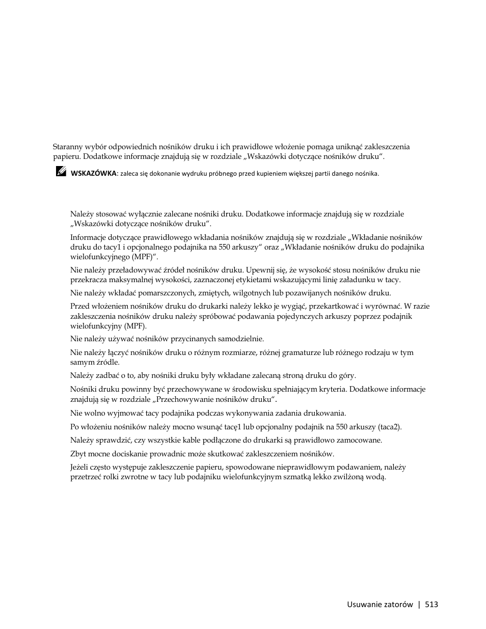Usuwanie zatorów, Unikanie zatorów, Jak unikać zakleszczenia papieru | Dell C3765dnf Color Laser Printer User Manual | Page 515 / 580