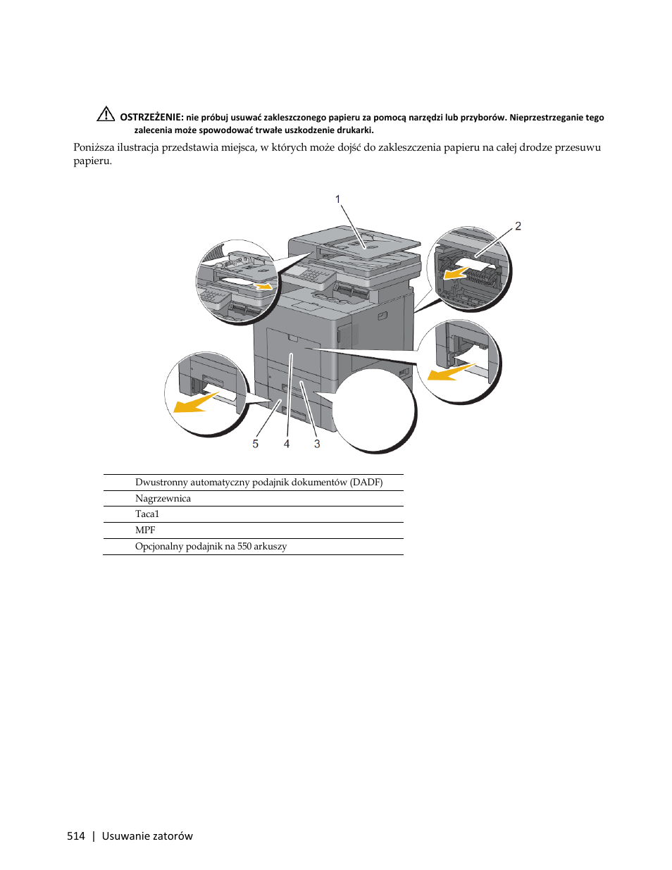 Ustalanie lokalizacji zakleszczenia papieru | Dell C3765dnf Color Laser Printer User Manual | Page 516 / 580