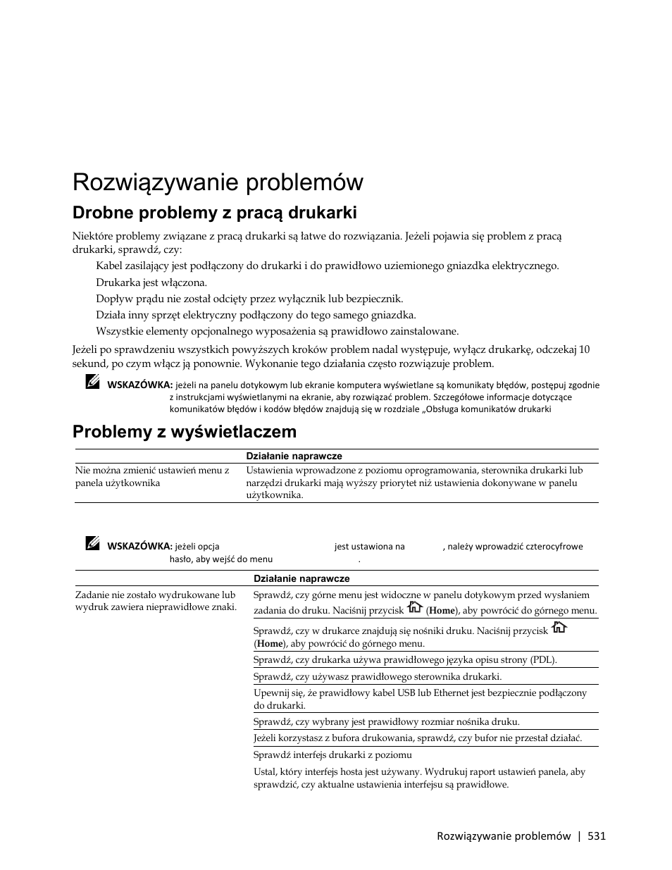Rozwiązywanie problemów, Drobne problemy z pracą drukarki, Problemy z wyświetlaczem | Problemy z drukowaniem, Drob, Ne problemy z pracą drukarki | Dell C3765dnf Color Laser Printer User Manual | Page 533 / 580