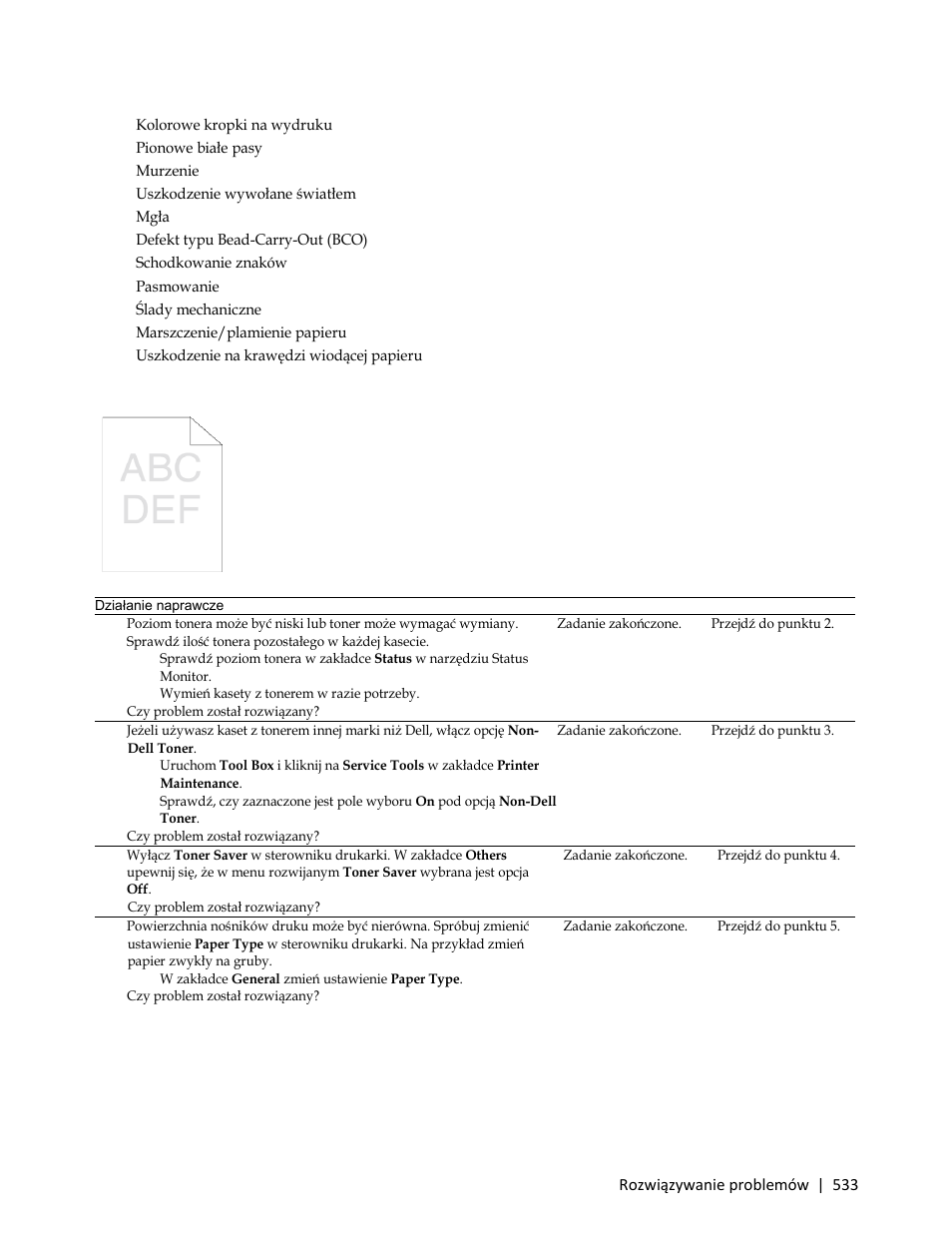 Wydruk jest zbyt jasny | Dell C3765dnf Color Laser Printer User Manual | Page 535 / 580