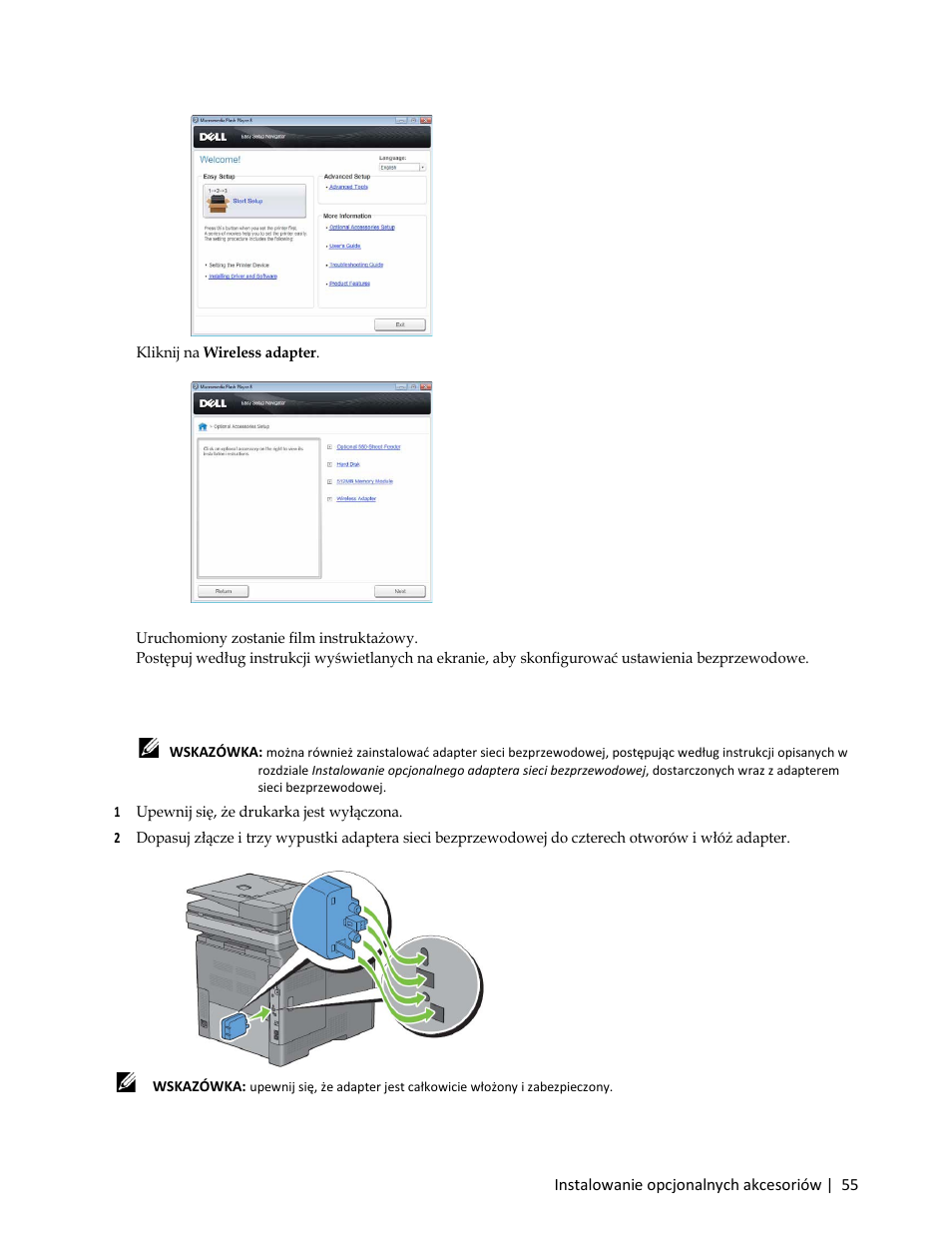 Uruchomiony zostanie film instruktażowy, 1 upewnij się, że drukarka jest wyłączona | Dell C3765dnf Color Laser Printer User Manual | Page 57 / 580