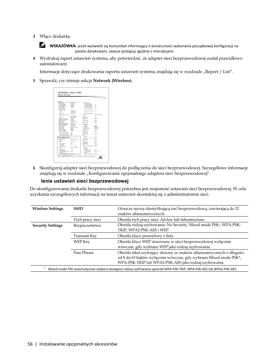3 włącz drukarkę, Ustalenie ustawień sieci bezprzewodowej | Dell C3765dnf Color Laser Printer User Manual | Page 58 / 580
