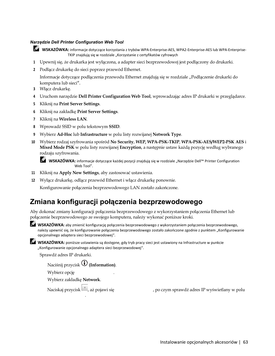 8 wprowadź ssid w polu tekstowym ssid, Zmiana konfiguracji połączenia bezprzewodowego, 1 sprawdź adres ip drukarki | B wybierz opcję about this mfp, Zmiana konfigura, Cji połączenia bezprzewodowego, Narzędzie dell printer configuration web tool | Dell C3765dnf Color Laser Printer User Manual | Page 65 / 580