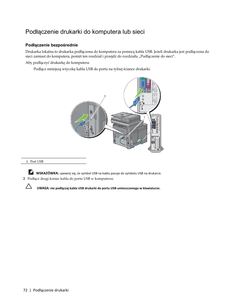 Podłączenie drukarki do komputera lub sieci, Podłączenie bezpośrednie, Podłączenie drukarki do | Komputera lub sieci | Dell C3765dnf Color Laser Printer User Manual | Page 74 / 580