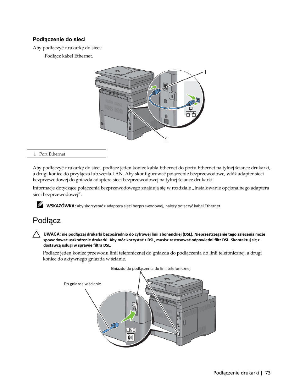 Podłączenie do sieci, Aby podłączyć drukarkę do sieci, Podłączanie linii telefonicznej | Dell C3765dnf Color Laser Printer User Manual | Page 75 / 580
