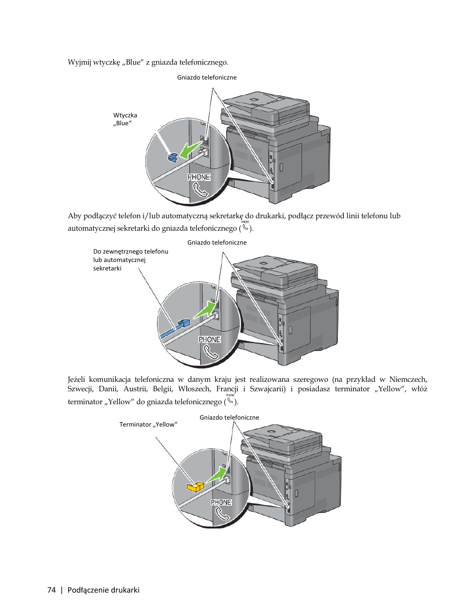 2 wyjmij wtyczkę „blue“ z gniazda telefonicznego | Dell C3765dnf Color Laser Printer User Manual | Page 76 / 580