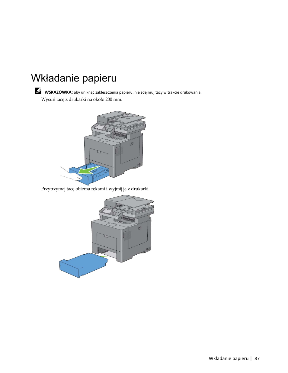 Wkładanie papieru, 1 wysuń tacę z drukarki na około 200 mm | Dell C3765dnf Color Laser Printer User Manual | Page 89 / 580