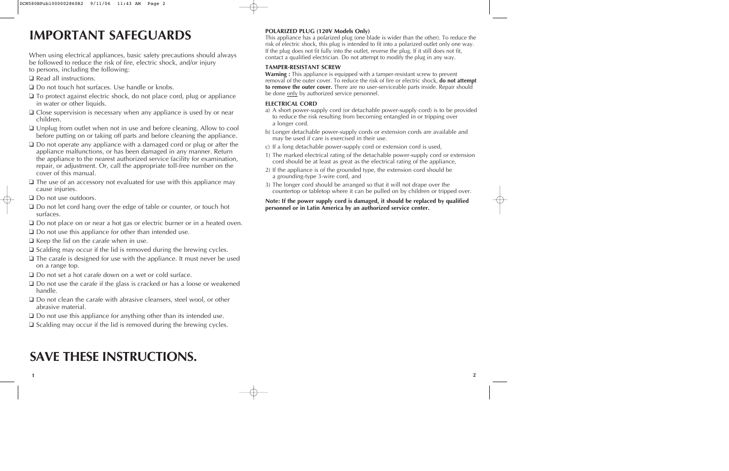 Important safeguards, Save these instructions | Black & Decker DCM575B User Manual | Page 2 / 13