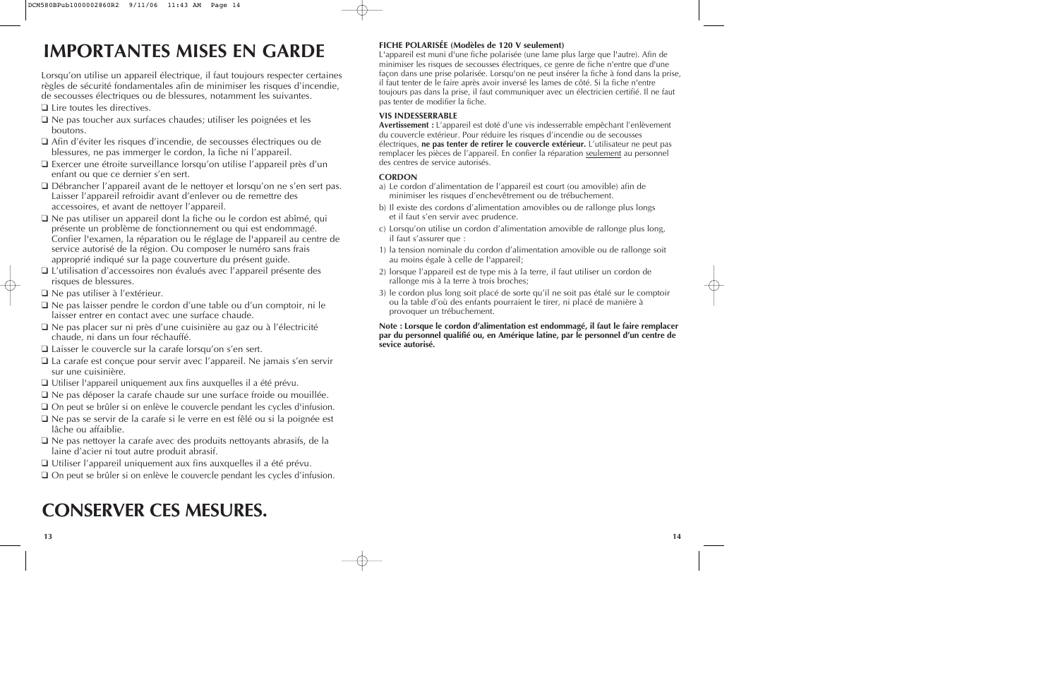 Importantes mises en garde conserver ces mesures | Black & Decker DCM575B User Manual | Page 8 / 13