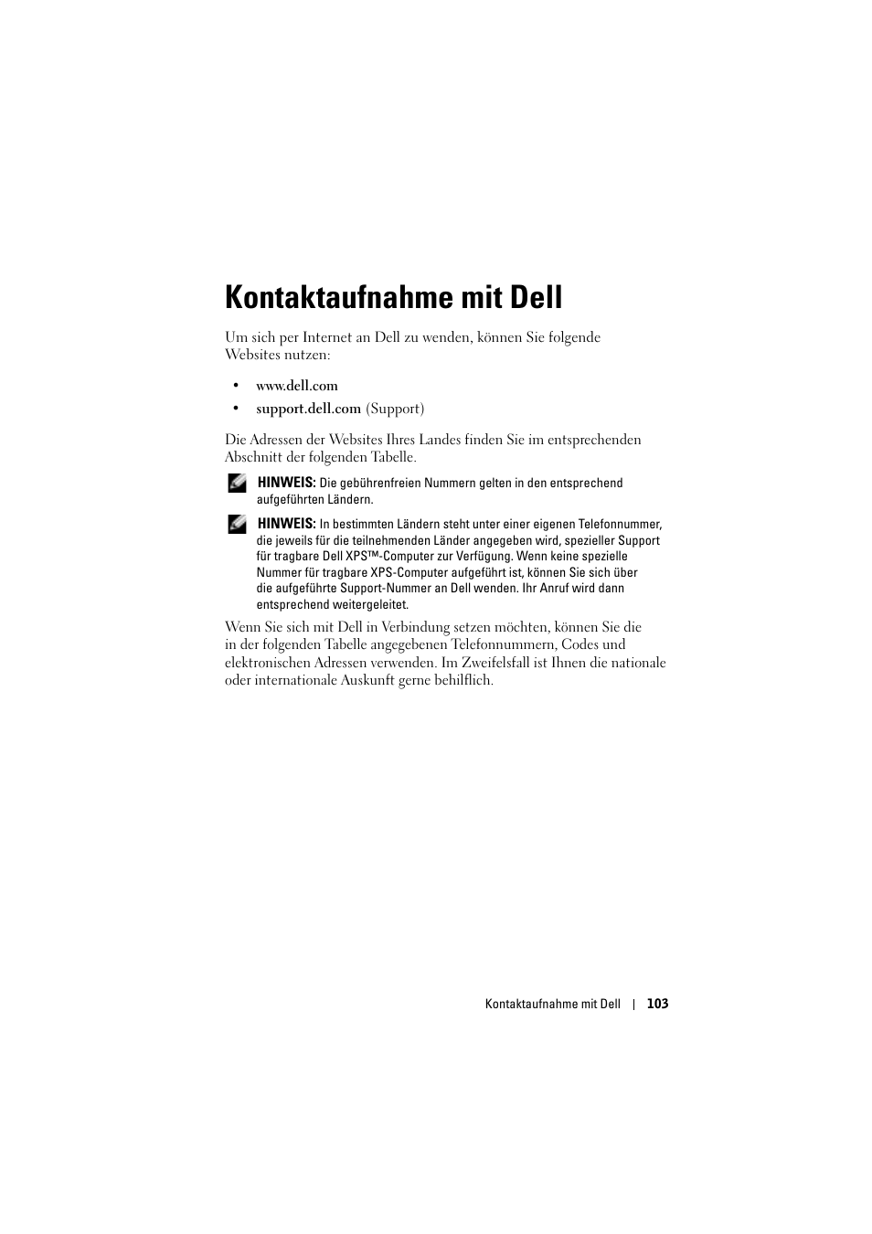 Kontaktaufnahme mit dell, 6 kontaktaufnahme mit dell | Dell Projector 1200MP User Manual | Page 103 / 904