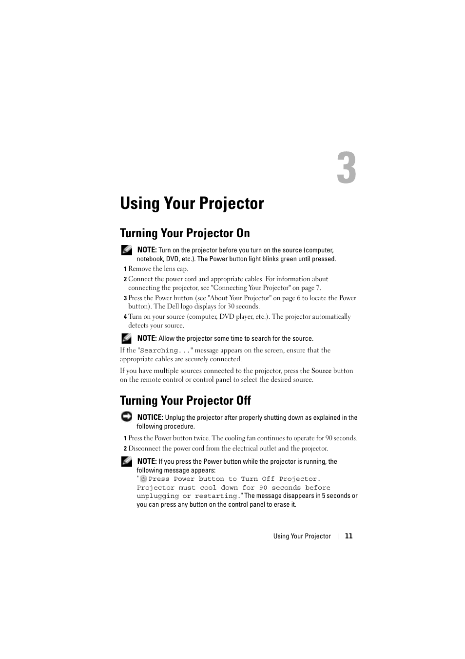 Using your projector, Turning your projector on, Turning your projector off | 3 using your projector | Dell Projector 1200MP User Manual | Page 11 / 904