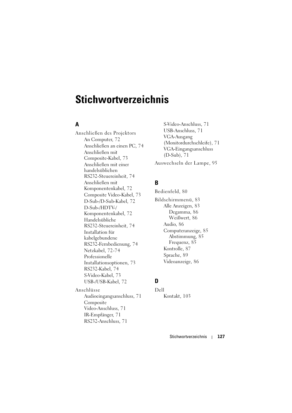 Stichwortverzeichnis | Dell Projector 1200MP User Manual | Page 127 / 904