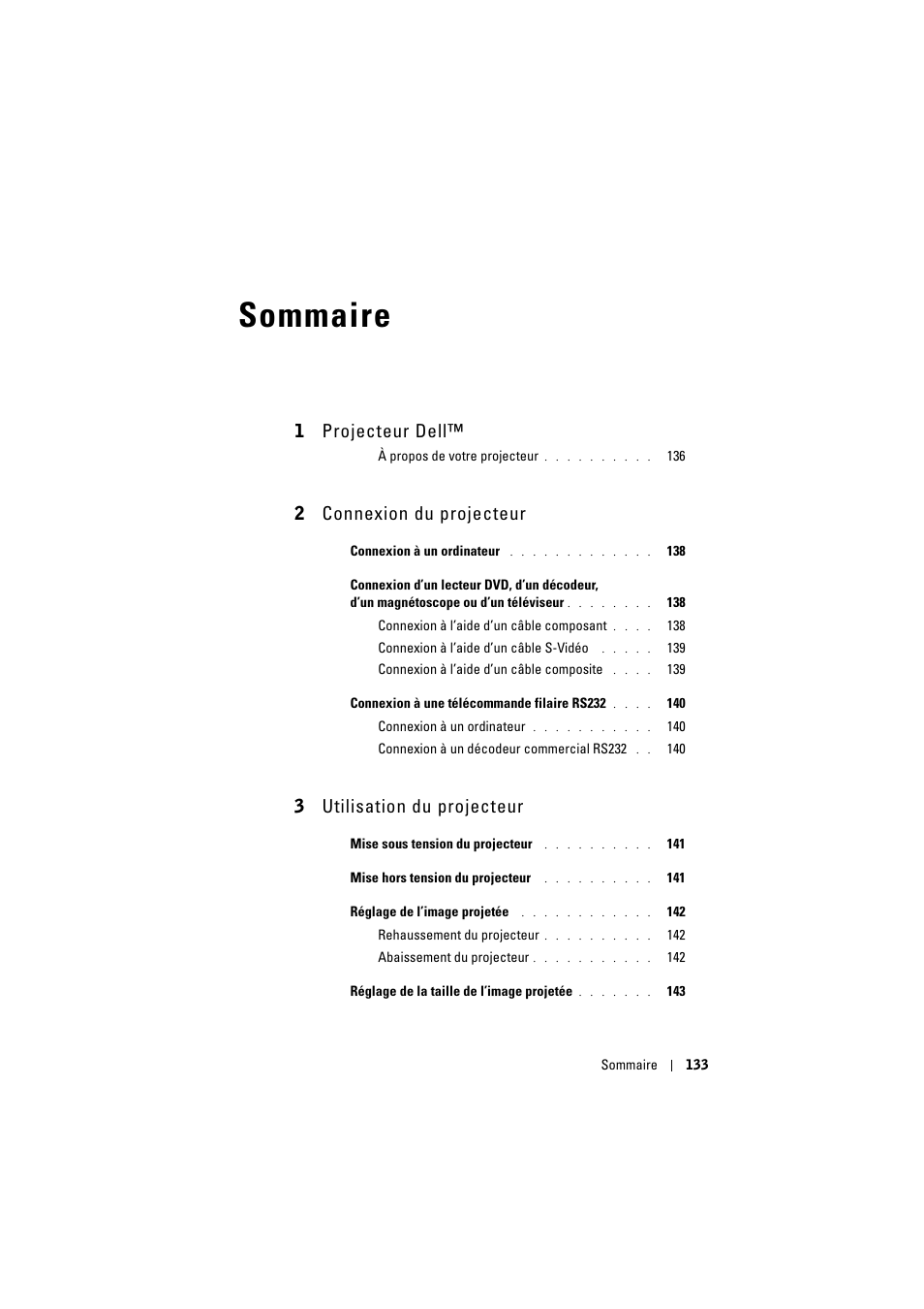 Sommaire, 1 projecteur dell, 2 connexion du projecteur | 3 utilisation du projecteur | Dell Projector 1200MP User Manual | Page 133 / 904