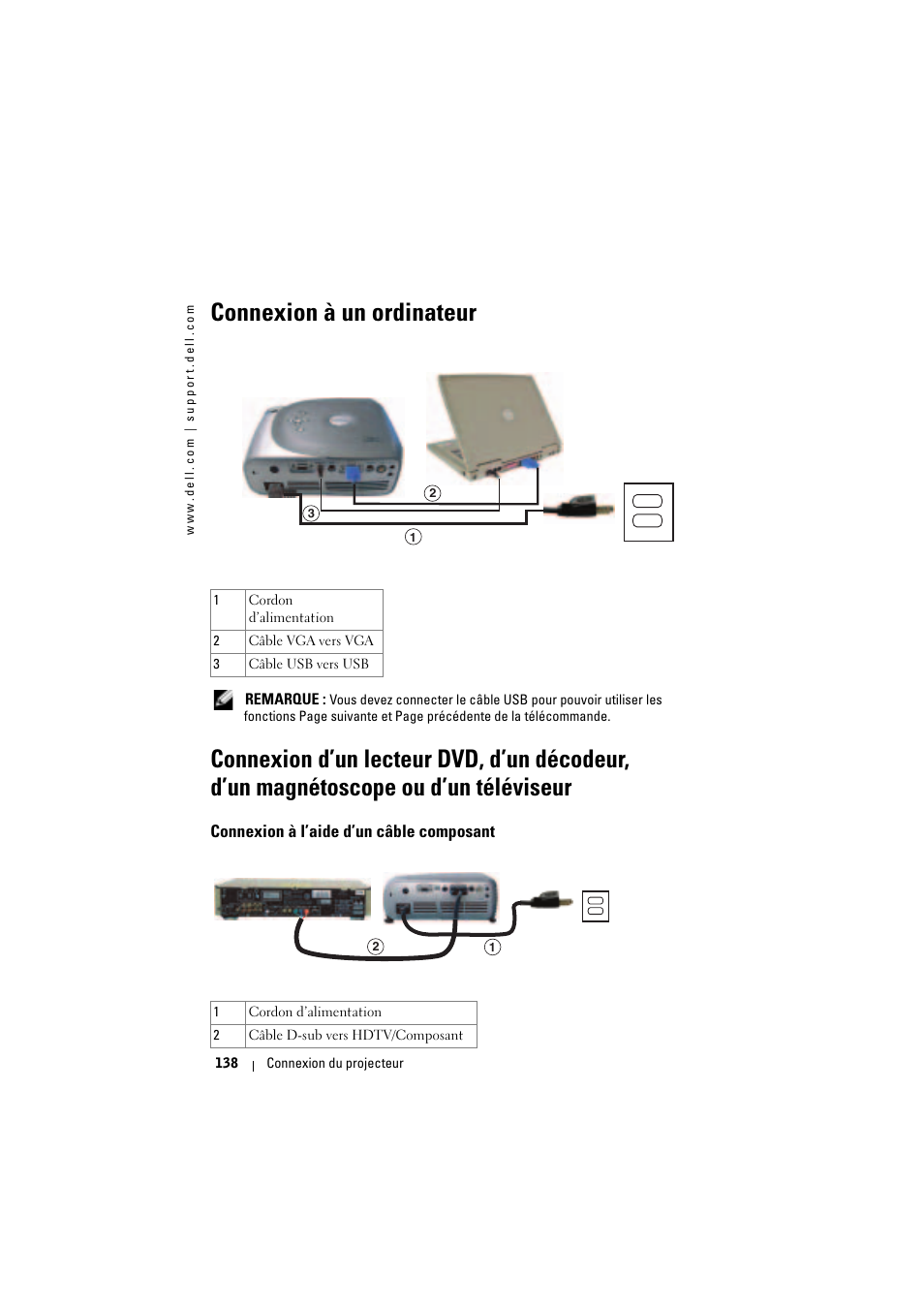 Connexion à un ordinateur, Connexion à l’aide d’un câble composant | Dell Projector 1200MP User Manual | Page 138 / 904