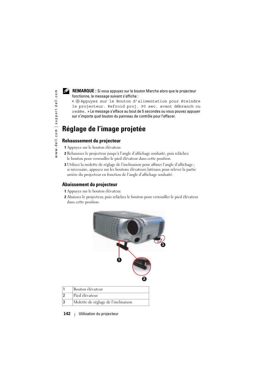 Réglage de l’image projetée, Rehaussement du projecteur, Abaissement du projecteur | Dell Projector 1200MP User Manual | Page 142 / 904