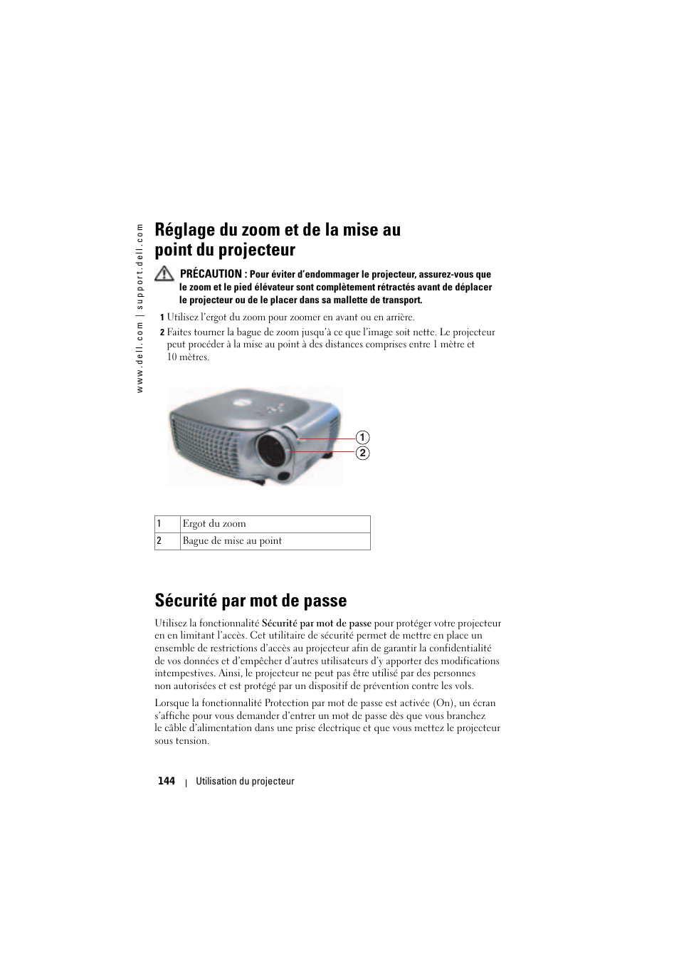 Sécurité par mot de passe | Dell Projector 1200MP User Manual | Page 144 / 904