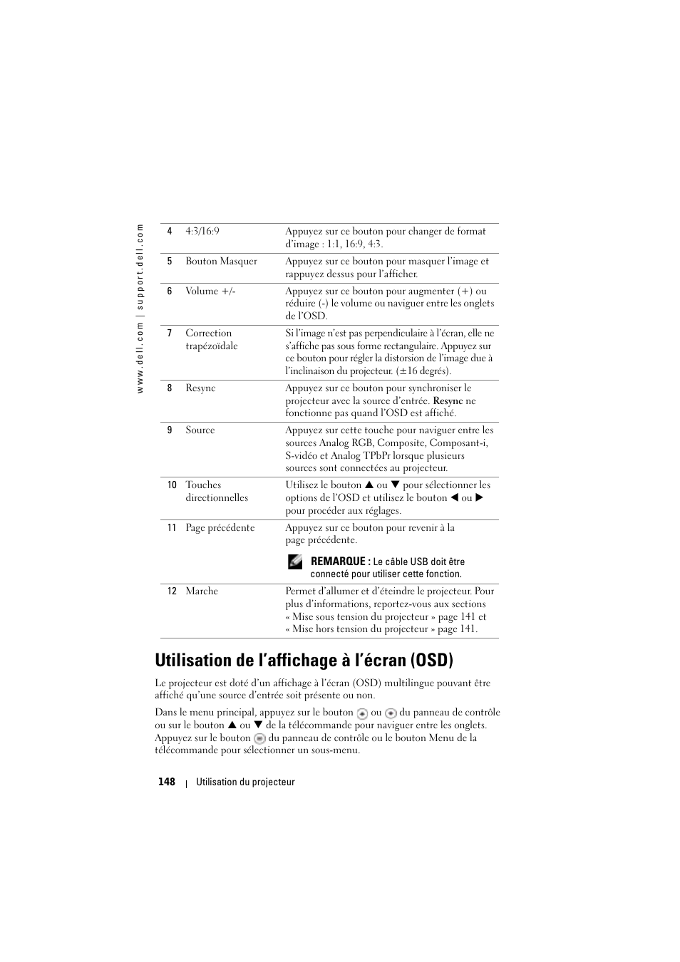 Utilisation de l’affichage à l’écran (osd) | Dell Projector 1200MP User Manual | Page 148 / 904