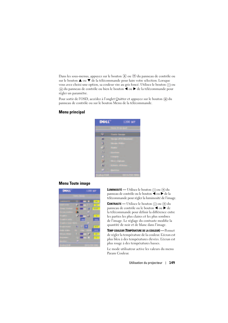 Menu principal, Menu toute image | Dell Projector 1200MP User Manual | Page 149 / 904